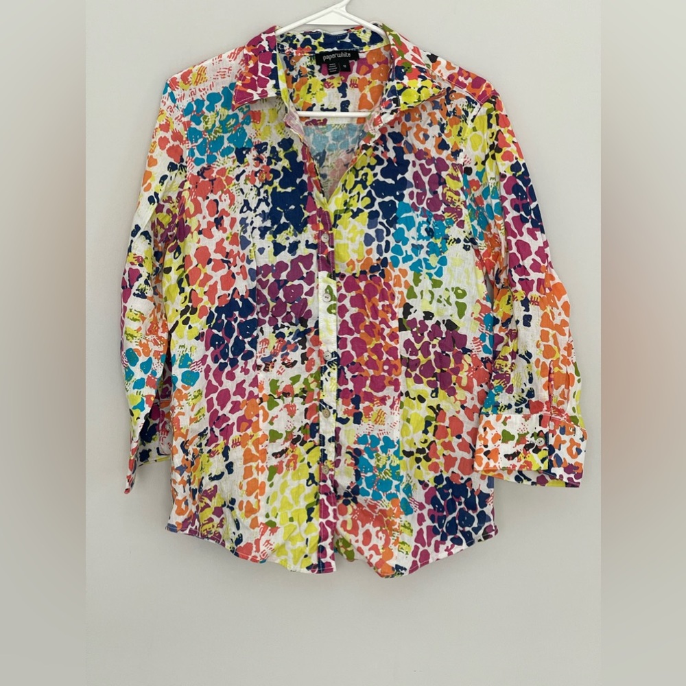 Paperwhite Womens size 12‎ Button Front Shirt Top Blouse 100% Linen Collared